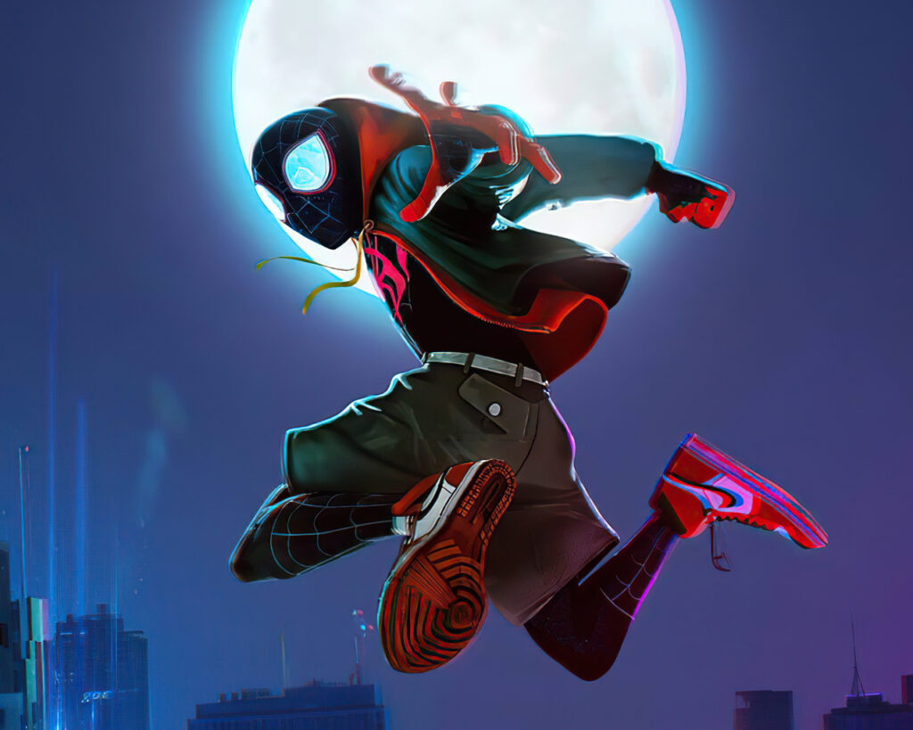 Miles est dans sa tenue de Spider-Man, en train de sauter dans les airs