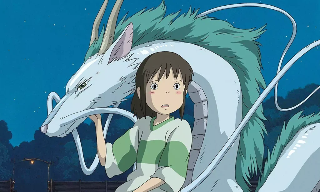 Chihiro caresse un dragon dans la nuit. Elle regard hors-champ.
